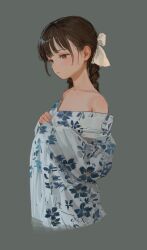 1girl absurdres akipeko bare_shoulders blue_kimono blunt_bangs blush bow braid brown_eyes brown_hair closed_mouth cropped_torso expressionless floral_print floral_print_kimono from_side grey_background hair_bow highres japanese_clothes kimono looking_ahead off_shoulder original print_kimono simple_background solo twin_braids white_bow yukata
