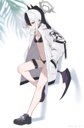 1girl aji_aji_nori bikini black_bikini black_hair black_horns black_shoes black_wings blue_archive breasts full_body grey_halo hair_between_eyes halo highres horns jacket kayoko_(blue_archive) looking_at_viewer multicolored_hair no_socks open_clothes open_jacket red_eyes shoes single_wing small_breasts sneakers solo standing standing_on_one_leg swimsuit two-tone_hair white_hair white_jacket wings