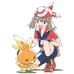 1girl :d bandana bike_shorts blue_eyes boko_(maniacpurple) brown_hair fanny_pack fire full_body gen_3_pokemon gloves hair_between_eyes highres holding holding_poke_ball looking_at_viewer may_(pokemon) nintendo on_one_knee open_mouth poke_ball poke_ball_(basic) pokemon pokemon_(creature) pokemon_rse red_bandana red_shirt red_shoes shirt shoes short_hair short_sleeves shorts smile teeth torchic upper_teeth_only white_background