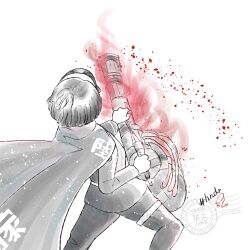 1boy absurdres black_hair cape from_behind gatling_gun greyscale gun highres holding holding_gun holding_minigun holding_weapon last_defense_academy_school_uniform maruko_gaku minigun monochrome simple_background solo standing the_hundred_line_-last_defense_academy- weapon white_background
