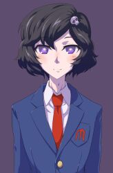 Rule 34 | 1boy, black background, black hair, blazer, blue jacket, blush, breast pocket, closed mouth, collared shirt, commentary request, cosplay, hair ornament, highres, jacket, kita high school uniform, koizumi itsuki, koizumi itsuki (cosplay), long sleeves, looking at viewer, male focus, necktie, pocket, purple eyes, red necktie, sadarann, school uniform, shirt, short hair, simple background, skull hair ornament, smile, solo, steins;gate, suzumiya haruhi no yuuutsu, upper body, urushibara luka, white shirt, winter uniform