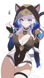 Rule 34 | 1girl, absurdres, animal ears, animal hood, black gloves, black leotard, blue eyes, breasts, cat ears, cat girl, cat hood, cat tail, cipher (honkai: star rail), cleavage, commentary, fingerless gloves, gloves, grey hair, highres, honkai: star rail, honkai (series), hood, kass (jtsp0), large breasts, leotard, mole, mole on breast, short hair with long locks, skindentation, solo, tail, thigh strap, thighs