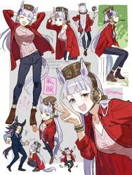 2girls :d ^^^ ^_^ animal_ears arms_behind_head black_pants blush bracelet breasts brown_hat brown_shoes closed_eyes fenomeno_(umamusume) from_behind gold_ship_(umamusume) grey_skirt hat highres horse_ears horse_girl horse_tail jacket jewelry koppe_koppe large_breasts long_hair looking_at_another multiple_girls multiple_views open_clothes open_jacket open_mouth pants pink_sweater red_jacket shoes sitting skirt smile squatting standing sweater tail umamusume v