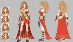 anbe_yoshirou angry artist_name black_gloves breasts bridal_gauntlets brown_sandals cleavage clenched_hand closed_mouth commentary_request copyright_notice curtained_hair dress earrings expressionless full_body gloves gold_armlet grey_background hair_ornament highres hoop_earrings jeanne_(romancing_saga_2) jewelry long_hair medium_breasts messy_hair multiple_expressions official_art open_mouth ponytail red_dress romancing_saga_2 saga sandals smile standing surprised