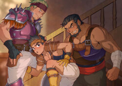 3boys absurdres ancpaghetti armpit_hair armpit_hair_peek bara beard black_hair commentary_request facial_hair father_and_son fire_emblem fire_emblem:_the_sacred_stones garcia_(fire_emblem) gerik_(fire_emblem) goatee green_hair highres incest male_focus mature_male multiple_boys muscular muscular_male nintendo paid_reward_available pectoral_cleavage pectorals ross_(fire_emblem) scar scar_on_face short_hair variant_set yaoi