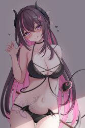 1girl 7nopi :q absurdres azki_(hololive) bikini black_bikini black_choker black_hair blush braid breasts choker claw_pose cleavage colored_inner_hair cowboy_shot demon_girl demon_horns demon_tail double-parted_bangs hair_ornament hairclip half_up_braid hand_up highres hololive horns large_breasts long_hair looking_at_viewer mole mole_under_eye multicolored_hair navel pink_hair purple_eyes shaded_face sidelocks simple_background solo streaked_hair swimsuit tail tongue tongue_out very_long_hair virtual_youtuber