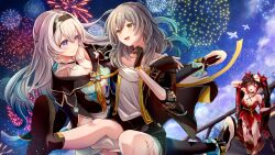 3girls absurdres aqua_hair aqua_thighhighs black_boots black_coat black_thighhighs boots closed_mouth coat firefly_(honkai:_star_rail) fireworks gloves gradient_hair gradient_thighhighs grey_hair highres honkai:_star_rail honkai_(series) long_hair long_sleeves looking_at_another multicolored_eyes multicolored_hair multiple_girls open_clothes open_coat open_mouth outdoors shirt smile sparkle_(honkai:_star_rail) stelle_(honkai:_star_rail) thighhighs tomoe_(pixiv_53856103) trailblazer_(honkai:_star_rail) white_shirt yellow_eyes