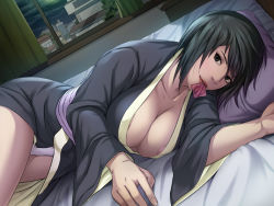 Rule 34 | 1girl, areola slip, bed, bed sheet, bedroom, black eyes, black hair, breasts, building, city, cleavage, closed mouth, collarbone, come hither, condom, condom in mouth, condom wrapper, covered erect nipples, curtains, dark sky, facing viewer, female focus, happy, head on pillow, indoors, japanese clothes, kimono, large breasts, long sleeves, looking at viewer, lying, matching hair/eyes, moonlight, mouth hold, naruto: road to ninja, naruto (classic), naruto (series), naruto shippuuden, night, night sky, no bra, on bed, on side, panties, pillow, pov, presenting, room, sash, shizune (naruto), sky, smile, solo, tk (tk&#039;s level4), underwear, wall, white panties, wide sleeves, window