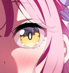 1girl absurdres blue_archive blush close-up commentary highres mika_(blue_archive) pink_hair rindou_ringdong solo yellow_eyes