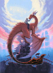 1boy angel_(drag-on_dragoon) armor caim_(drag-on_dragoon) cloud commentary drag-on_dragoon drag-on_dragoon_1 dragon embers fantasy full_body highres horns kutakoru magic_circle making-of_available monster monster_focus outdoors petting riding_dragon ruins scales short_hair sitting sky torn_wings western_dragon wings wyvern