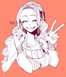Rule 34 | 1girl, ^ ^, akizuki hakuto, bad id, bad pixiv id, blush, bracelet, cape, closed eyes, commentary request, dated, earrings, jewelry, long hair, nefertari vivi, one piece, orange background, sidelocks, simple background, smile, solo, upper body, v