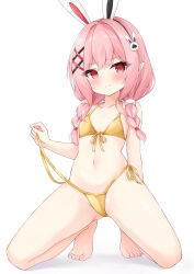 1girl animal_ears bare_arms bare_legs bare_shoulders barefoot bikini braid closed_mouth collarbone fake_animal_ears flat_chest full_body gold_bikini hair_ornament hairclip highres indie_virtual_youtuber loli mochizuki_riku navel pink_eyes pink_hair rabbit_ears shadow simple_background solo stomach swimsuit thighs twin_braids virtual_youtuber white_background yanagi_mimi yellow_bikini