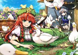 2girls beret bird black_bow black_shoes blue_dress bow braid broom closed_mouth commentary day dress duck duckling flower grass green_bow green_hat green_ribbon green_skirt green_vest grey_hair hair_bow hat hat_ornament holding holding_broom hong_meiling izayoi_sakuya long_hair lying mizumoto_tadashi multiple_girls neck_ribbon on_stomach open_mouth outdoors parted_bangs red_hair ribbon shoes skirt star_(symbol) star_hat_ornament touhou twin_braids vest