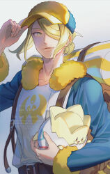 Rule 34 | 1boy, backpack, bag, belt, blonde hair, blue jumpsuit, brown bag, brown belt, gen 2 pokemon, grey background, hair over one eye, hand on headwear, hand up, hat, highres, holding, holding pokemon, janis (hainegom), jumpsuit, male focus, nintendo, pokemon, pokemon (creature), pokemon legends: arceus, short hair, smile, togepi, volo (pokemon), watermark, yellow hat