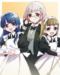 2girls :d alternate_costume apron black_bow black_bowtie black_choker black_gloves black_pants blue_eyes blush bow bowtie braid broom brown_hair butler center-flap_bangs choker closed_mouth collared_dress collared_shirt commentary_request cowboy_shot cup dress dress_shirt enmaided female_butler glasses gloves gradient_background grey_hair grey_vest hair_ornament half_up_braid half_updo highres holding holding_broom holding_cup holding_pocket_watch holding_tray jacket juliet_sleeves kachimachi_kosuzu kanduki_kamibukuro link!_like!_love_live! long_hair long_sleeves looking_at_viewer love_live! maid maid_apron maid_day mole mole_on_neck multicolored_hair multiple_girls murano_sayaka o-ring o-ring_choker open_clothes open_jacket open_mouth pants pink_eyes pocket_watch puffy_sleeves red_eyes semi-rimless_eyewear shirt short_hair side_braids smile star_(symbol) star_hair_ornament streaked_hair suit_jacket tray under-rim_eyewear vest virtual_youtuber watch white_apron white_shirt yellow_background yugiri_tsuzuri