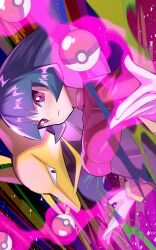 1girl alakazam black_hair breasts closed_mouth creatures_(company) game_freak gen_1_pokemon gloves highres inana_umi long_hair long_sleeves looking_at_viewer medium_breasts nintendo poke_ball poke_ball_(basic) pokemon pokemon_(creature) pokemon_frlg purple_eyes sabrina_(pokemon) telekinesis turtleneck white_gloves