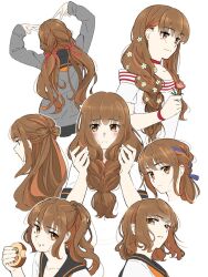 1girl alternate_hair_length alternate_hairstyle blush braid braided_ponytail brown_eyes brown_hair eating fate/extra fate/extra_ccc fate/grand_order fate_(series) flower food hair_flower hair_ornament hair_over_shoulder hair_ribbon half_updo highres holding holding_flower holding_food kinishinaide_uk kishinami_hakuno_(female) kishinami_hakuno_(female)_(mooncancer) long_hair looking_at_viewer low_twin_braids multiple_views ribbon school_uniform short_hair simple_background single_braid smile solo_focus twin_braids white_background