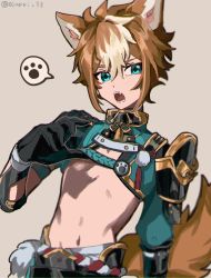 1boy animal_ears armor black_gloves blue_eyes brown_hair fang fox_boy fox_ears fox_tail genshin_impact gloves gorou_(genshin_impact) grey_background hair_between_eyes highres japanese_armor japanese_clothes male_focus multicolored_hair open_mouth paw_print simple_background solo spoken_paw_print streaked_hair tail tassel twitter_username uehara_suiyo upper_body white_hair
