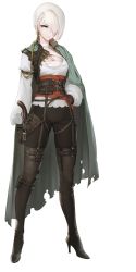1girl adelaide_de_broglie_(banner_of_the_maid) antique_firearm arm_at_side arm_belt bandages banner_of_the_maid belt black_boots black_gloves black_pants blue_eyes boots breasts brown_gloves brown_pants cape cleavage cloak earrings female_focus firearm firelock flintlock full_body gloves green_cape gun hair_over_one_eye hand_on_own_hip handgun high_heel_boots high_heels highres holster holstered jewelry large_breasts leather leather_gloves leather_pants lips looking_at_viewer map medium_breasts o-ring official_art pants pistol quuni rope short_hair single_earring solo standing stud_earrings thigh_boots thighhighs torn_clothes transparent_background weapon white_hair