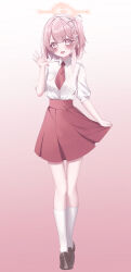 1girl :d absurdres alternate_costume amerika_neko blue_archive blush bright_pupils brown_shoes collared_shirt commentary dress_shirt eyelashes feather_hair full_body gradient_background hair_between_eyes hair_ribbon hairband halo hand_up happy high-waist_skirt highres kneehighs loafers looking_at_viewer medium_hair necktie one_side_up open_mouth orange_halo outstretched_hand pink_background pink_eyes pink_hair pleated_skirt red_necktie red_skirt ribbon school_uniform serina_(blue_archive) shirt shoes short_sleeves simple_background skirt skirt_hold smile socks solo standing waving white_hairband white_ribbon white_shirt white_socks