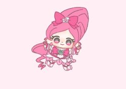 Rule 34 | 1girl, absurdly long hair, boots, bow, bowtie, brooch, chibi, closed mouth, cure blossom, dot nose, dress, earrings, eyelashes, flower, flower dress, flower earrings, footwear flower, frilled wrist cuffs, frills, green brooch, hair bow, hair flower, hair ornament, hanasaki tsubomi, happy, heart, heart brooch, heartcatch precure!, high ponytail, ichigo usuhana, jewelry, knee boots, large bow, light blush, long hair, looking at viewer, magical girl, outstretched arms, pink background, pink bag, pink bow, pink bowtie, pink dress, pink eyes, pink flower, pink hair, pink theme, pink wrist cuffs, ponytail, precure, puffy short sleeves, puffy sleeves, short dress, short sleeves, simple background, smile, solo, tareme, very long hair, waist bag, wavy hair, white boots, white flower, white sleeves, wrist cuffs