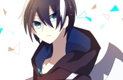 1boy angel_wings backpack bag black_hair blue_eyes hood hood_down licht_jekylland_todoroki male_focus mi2457 multicolored_hair servamp short_hair two-tone_hair white_background white_hair wings