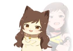 1girl animal_collar animal_focus animalization bell blush brown_eyes brown_hair collar crossed_arms hutaba idolmaster idolmaster_million_live! kitazawa_shiho long_hair looking_at_viewer neck_bell official_art_inset open_mouth person_and_animalization smile white_background