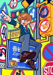 Rule 34 | 1boy, absurdres, armband, blue jacket, blue pants, brown hair, collared shirt, full body, grey eyes, grey pants, gyo613, highres, jacket, kang u-bin, korean text, long sleeves, male focus, necktie, open mouth, pants, pointing, red necktie, road sign, school uniform, shirt, shoes, short hair, sign, sitting, solo, traffic light, twitter username, white shirt, zombie high school