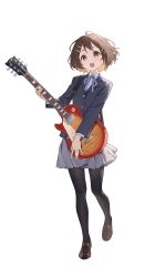 1girl absurdres black_jacket black_pantyhose blazer blue_ribbon brown_eyes brown_hair collared_shirt full_body grey_skirt guitar hair_ornament hairclip highres hirasawa_yui holding holding_guitar holding_instrument instrument jacket k-on! loafers looking_at_viewer miniskirt neck_ribbon open_mouth pantyhose pleated_skirt ribbon school_uniform sh1on shirt shoes simple_background skirt smile solo v-shaped_eyebrows white_background white_shirt