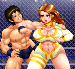 abs blush breasts eyeshadow fighting large_breasts makeup mixed_wrestling navel punching spandex wrestler wrestling