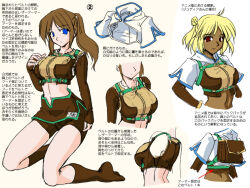 2girls blue_eyes breasts brown_gloves brown_hair brown_shirt brown_shorts brown_skirt brown_socks closed_mouth commentary_request cropped_jacket dark-skinned_female dark_skin elbow_gloves expressionless fingerless_gloves full_body gloves high_ponytail hood hooded_jacket hunter_(ragnarok_online) jacket judia kneeling long_hair looking_at_viewer medium_breasts midriff miniskirt multiple_girls multiple_views navel pointing_out_the_details ponytail ragnarok_online ragnarok_the_animation red_eyes shirt short_shorts short_sleeves shorts shorts_under_skirt simple_background skirt socks standing tatsumi_ray translation_request white_jacket