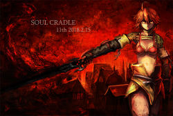 1girl ahoge anniversary bikini bikini_top_only breasts cleavage collar dated earrings holding holding_weapon jewelry midriff navel red_eyes red_hair red_theme revya_(female) soul_cradle swimsuit sword torihasiden weapon