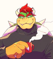 1boy bara black_sweater bowser claws closed_mouth cup fangs fangs_out furry furry_male highres holding holding_cup horns looking_to_the_side male_focus mario_(series) nintendo red_hair red_mug smile spiked_shell steam sweater white_background yowasabimechaoc