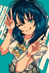 1girl aqua_background aqua_bow aqua_eyes artdroiiid_ii blue_hair bow breasts choker closed_mouth collared_shirt commentary cowboy_shot double_v english_commentary from_above grey_skirt hands_up highres large_breasts long_hair looking_at_viewer make_heroine_ga_oo_sugiru! one_eye_closed pleated_skirt school_uniform serafuku shirt short_sleeves skirt smile solo standing text_background thick_eyelashes tongue tongue_out tsuwabuki_high_school_uniform v v-shaped_eyebrows white_shirt yanami_anna yellow_bow