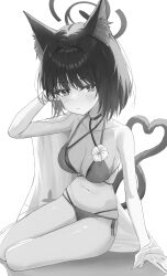 Rule 34 | &gt;:(, 1girl, absurdres, animal ear fluff, animal ears, arm ribbon, arm support, armpit crease, bare shoulders, bikini, black choker, black hair, blue archive, blush, breasts, bright pupils, cat ears, cat girl, cat tail, choker, cleavage, closed mouth, collarbone, commentary, criss-cross halter, eyelashes, eyes visible through hair, flower, flower bikini, frown, full body, grey eyes, greyscale, hair between eyes, hair intakes, halo, halterneck, hand up, heart tail duo, highres, kikyou (blue archive), kikyou (swimsuit) (blue archive), looking at viewer, medium breasts, medium hair, monochrome, multi-strapped bikini bottom, multi-strapped bikini top, multiple tails, navel, official alternate costume, ribbon, shj1998z, side-tie bikini bottom, simple background, sitting, skindentation, solo, stomach, straight hair, swimsuit, tail, tail raised, thighs, tsurime, two tails, v-shaped eyebrows, white background, white pupils, yokozuwari