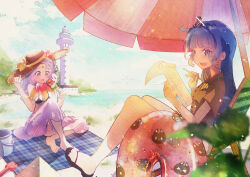 2girls absurdres alternate_costume barefoot beach beach_chair beach_towel bikini black_bikini blue_eyes blue_hair breasts brown_shirt bucket earrings facial_mark food forehead_mark grey_eyes hair_bobbles hair_ornament hat highres holding holding_notepad holding_pen houjuu_chimi innertube jewelry key_earrings lighthouse long_hair michigami_nareko multiple_girls notepad nywerya ocean open_mouth outdoors pen popsicle pyramid_(structure) sandals shirt short_sleeves sitting skirt star-shaped_pupils star_(symbol) sun_hat swim_ring swimsuit symbol-shaped_pupils touhou towel umbrella white_skirt