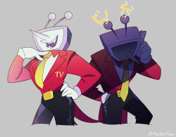 1boy ant_tenna black_pants cropped_legs crt deltarune fang gloves grey_background hand_in_pocket hand_on_own_hip hand_up highres male_focus multiple_views necktie nnsn_gnbe object_head open_mouth pants pointy_nose simple_background smile static static_electricity tailcoat twitter_username white_gloves yellow_necktie