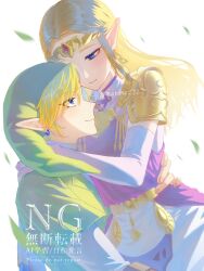 1boy 1girl blonde_hair blue_eyes circlet commentary_request dress earrings elbow_gloves eyes_visible_through_hair gloves green_hat hat highres jewelry layered_sleeves leaf link long_sleeves matoma_11 nintendo pointy_ears princess_zelda short_over_long_sleeves short_sleeves shoulder_plates the_legend_of_zelda the_legend_of_zelda:_ocarina_of_time triforce twitter_username watermark white_dress white_gloves