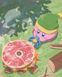 blue_eyes blush_stickers campfire commentary day food grass green_hat grill hat highres kirby kirby_(series) log meat miclot nintendo no_humans outdoors smoke sword_kirby