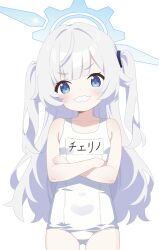 1girl absurdres aqua_halo bare_arms bare_shoulders blue_archive blue_eyes blush c-r-carlos character_name check_commentary cherino_(blue_archive) chinese_commentary collarbone commentary_request cowboy_shot crossed_arms dot_nose fake_facial_hair fake_mustache gear_halo halo head_tilt highres long_hair looking_at_viewer name_tag official_alternate_costume old_school_swimsuit one-piece_swimsuit school_swimsuit simple_background solo straight-on swimsuit two_side_up v-shaped_eyebrows white_background white_hair white_one-piece_swimsuit
