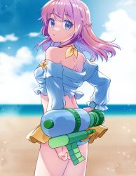 1girl beach bikini blue_bikini blue_eyes blue_sky braid breasts cloud commentary_request cowboy_shot day expressionless french_braid highres hohohoi holding holding_water_gun horizon long_hair long_sleeves looking_at_viewer looking_back medium_breasts off_shoulder open_mouth outdoors pink_hair ragnarok_online ragnarok_origin sky solo sunlight swimsuit water water_gun