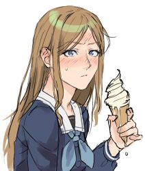 1girl bang_dream! bang_dream!_it&#039;s_mygo!!!!! blue_eyes blue_neckerchief blue_shirt blush brown_hair commentary_request ear_blush food forehead_blush highres holding holding_ice_cream_cone ice_cream ice_cream_cone implied_yuri korean_commentary long_hair nagasaki_soyo neckerchief nohee07 sailor_collar school_uniform shirt simple_background solo tsukinomori_school_uniform white_background white_sailor_collar