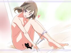 1girl :3 breasts brown_hair censored commentary_request heart kawagishi_keitarou medium_breasts medium_hair novelty_censor nude open_mouth original panties panty_pull purple_eyes sitting smile solo translation_request underwear