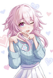 1girl four-finger_heart_hands absurdres alternate_costume blue_eyes blue_sweater collared_shirt commentary_request cowboy_shot hair_between_eyes heart heart_hands highres honkai:_star_rail honkai_(series) light_blush long_hair long_sleeves looking_at_viewer march_7th_(honkai:_star_rail) multicolored_eyes nail_polish one_eye_closed open_mouth pink_eyes pink_hair pink_nails pleated_skirt shirt signature simple_background skirt solo sweater sweater_tucked_in teeth two-tone_eyes uting white_background white_shirt white_skirt