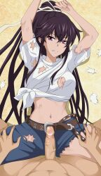 Rule 34 | 1boy, 1girl, absurdres, anime coloring, arms up, asymmetrical clothes, belt, black hair, breasts, brown belt, clenched teeth, clothed female nude male, commentary, commission, english commentary, hair between eyes, hair ribbon, hetero, highres, imminent penetration, imminent rape, kanzaki kaori, kiniro tofu, large breasts, long hair, lying, navel, nude, on back, penis, ponytail, pov, purple eyes, ribbon, shirt, single pantsleg, teeth, tied shirt, toaru majutsu no index, torn clothes, torn shirt, uncensored, very long hair, white shirt