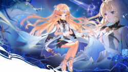 2girls absurdres bare_legs bare_shoulders black_collar black_dress blonde_hair blue_eyes blue_hair blush breasts cartethyia_(wuthering_waves) closed_mouth collar colored_inner_hair commentary crown_of_thorns dress dual_persona earrings fleurdelys_(wuthering_waves) highres imperator_(wuthering_waves) jewelry large_breasts legs long_hair multicolored_hair multiple_girls necklace open_hands parted_bangs pointy_ears sandals small_breasts tabard tacet_mark_(wuthering_waves) toes unicorn very_long_hair white_tabard wuthering_waves yuhezi