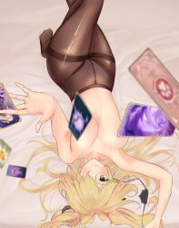 Rule 34 | 1girl, absurdres, black ribbon, blonde hair, breasts, brown pantyhose, convenient censoring, covered navel, crotch seam, eyepatch, fischl (genshin impact), from above, genshin impact, green eyes, hair over one eye, hair ribbon, highres, kitsune hero, large breasts, long hair, looking at viewer, lying, on back, panties, panties under pantyhose, pantyhose, ribbon, solo, thighband pantyhose, topless female, trading card, two side up, underwear, unworn eyepatch, white panties
