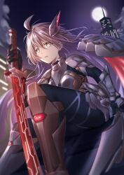 1girl armor blonde_hair breasts building dl-c- duel_monster full_moon hair_between_eyes highres holding holding_sword holding_weapon long_hair medium_breasts moon night night_sky open_mouth orange_eyes shoulder_armor sky sky_striker_ace_-_zero solo sword thighs weapon white_armor yu-gi-oh!