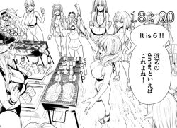 Rule 34 | alternate costume, bikini, casual one-piece swimsuit, clock, colorado (kancolle), fletcher (kancolle), food, full body, gambier bay (kancolle), greyscale, grill, helena (kancolle), helena (swimsuit) (kancolle), honolulu (kancolle), honolulu (swimsuit) (kancolle), ifuji shinsen, intrepid (kancolle), iowa (kancolle), johnston (kancolle), kantai collection, little blue whale (kancolle), long hair, maryland (kancolle), meat, monochrome, official alternate costume, one-piece swimsuit, samuel b. roberts (kancolle), samuel b. roberts (swimsuit) (kancolle), sandals, saratoga (kancolle), short hair, standing, swimsuit, thumbs up, translation request, visor cap