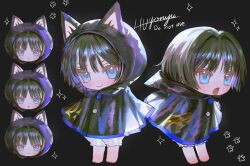 1boy 4the2ofus :&lt; :3 animal_ear_hood barefoot black_background black_cloak black_hair black_hood bloomers blue_eyes blunt_ends blush cloak closed_mouth fake_animal_ears fang furrowed_brow genshin_impact hair_intakes highres hood hood_down hood_up hooded_cloak looking_at_viewer looking_to_the_side male_focus multiple_expressions multiple_views open_mouth parted_bangs paw_print reference_sheet scaramouche_(genshin_impact) signature skin_fang smile solo standing star_(symbol) star_print toes tongue tongue_out underwear v-shaped_eyebrows wanderer_(genshin_impact) white_bloomers wispy_bangs